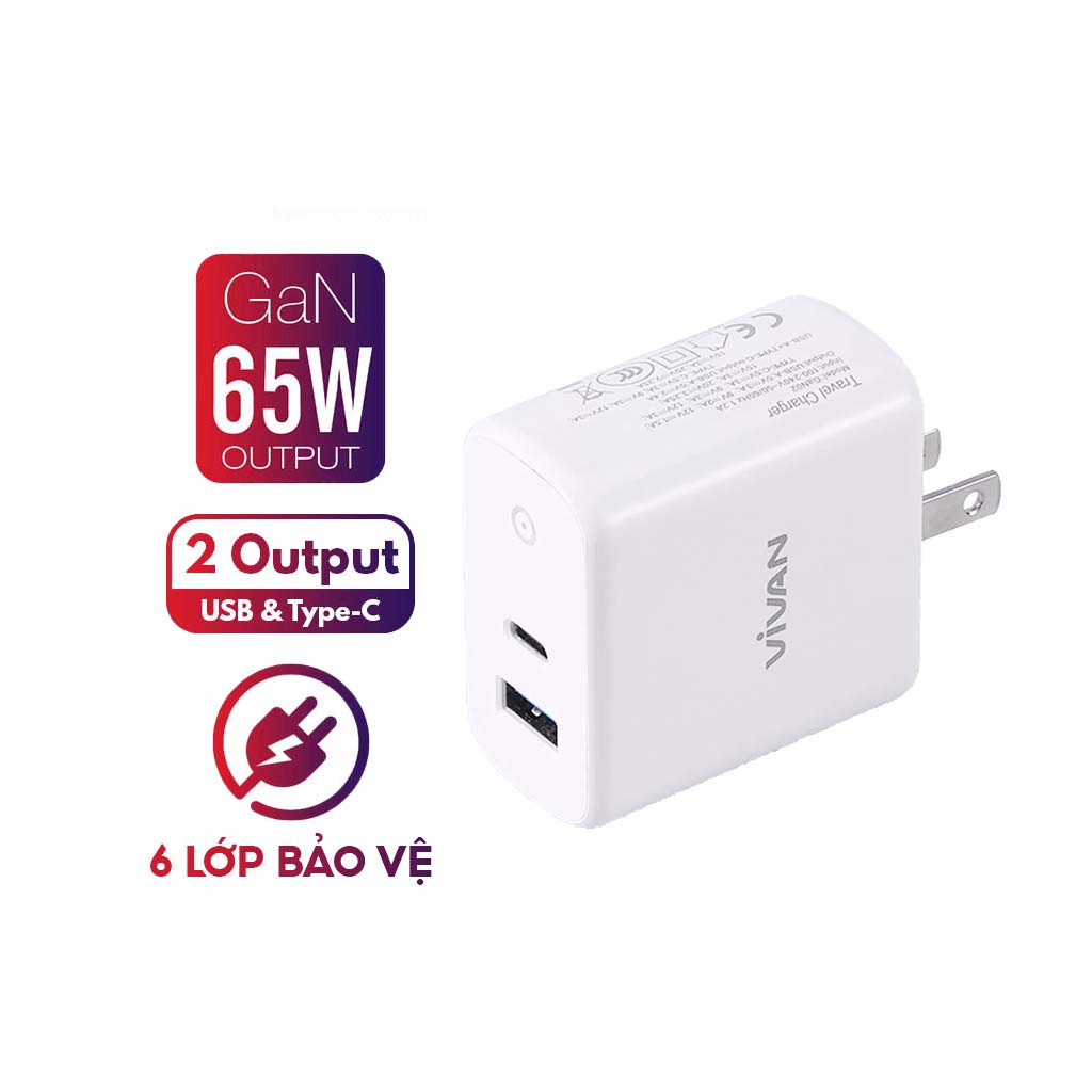 Cốc sạc nhanh 65w vivan gan02 tương thích với các thiết bị android/ios hỗ trợ sạc nhanh