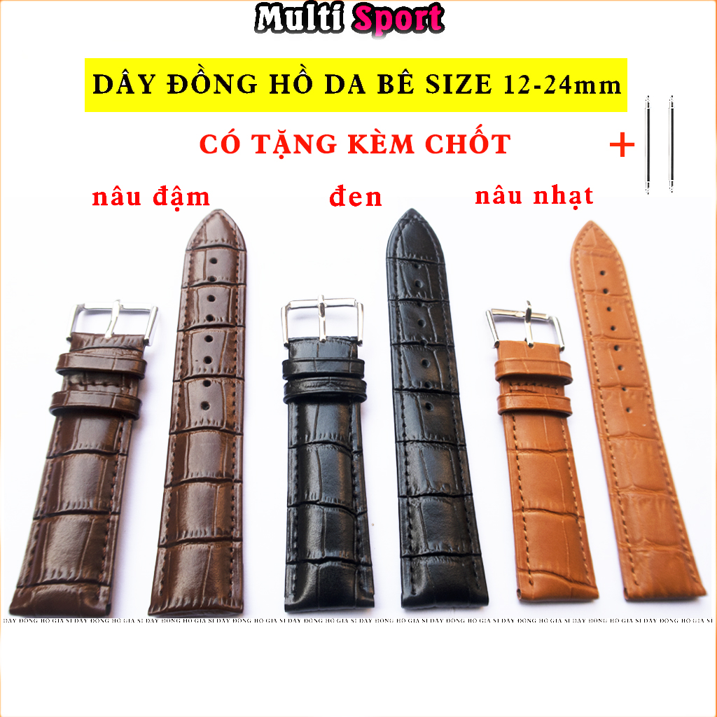 Dây da đồng hồ da bò nam nữ đủ size màu 12-24mm
