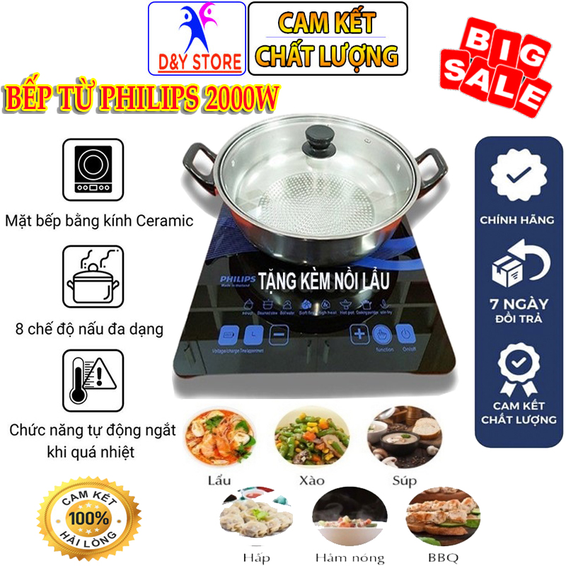 [Chính Hãng - Giảm Thêm 9%] Bếp từ đơn cảm ứng Philips PL-01 tặng kèm nồi lẩu inox chống khê, Bếp điện từ công suất 2000W, mặt kính cường lực chịu nhiệt độ cao, 8 chế độ nấu đa năng như Bếp từ Sunhouse, Bếp điện mini