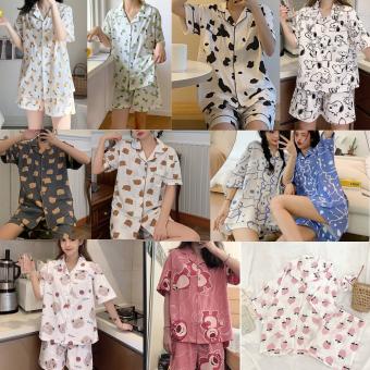 SUSQ001 Đồ bộ Pijama nam nữ ngủ mặc nhà gấu xanh trắng cộc tay cute Quần sooc đùi short ngắn áo cổ vest form rộng unisex