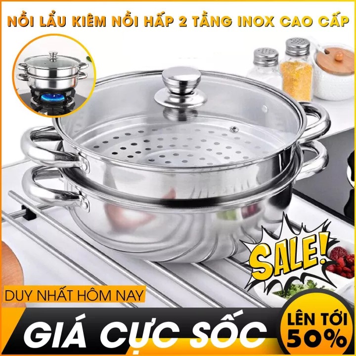 Xửng hấp - xửng hấp inox - Cách nấu nồi lẩu hải sản - Dùng được với bếp từ - Hàng Chính Hãng - xửng hấp 2 tầng 28cm - nồi hấp - xửng hấp bánh - dụng cụ nhà bếp - nồi - Vung kính tiện dụng, chất liệu inox 304 cao cấp