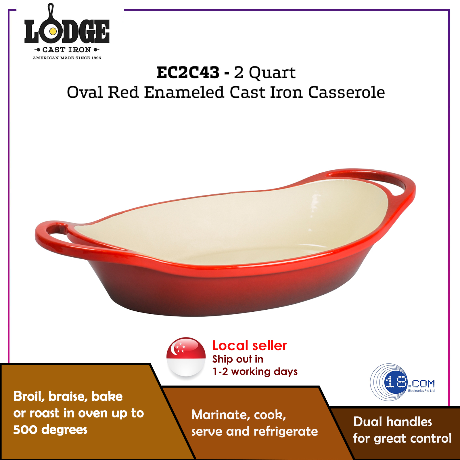 Lodge Cast Iron 2 Quart Enameled Oval Casserole Red