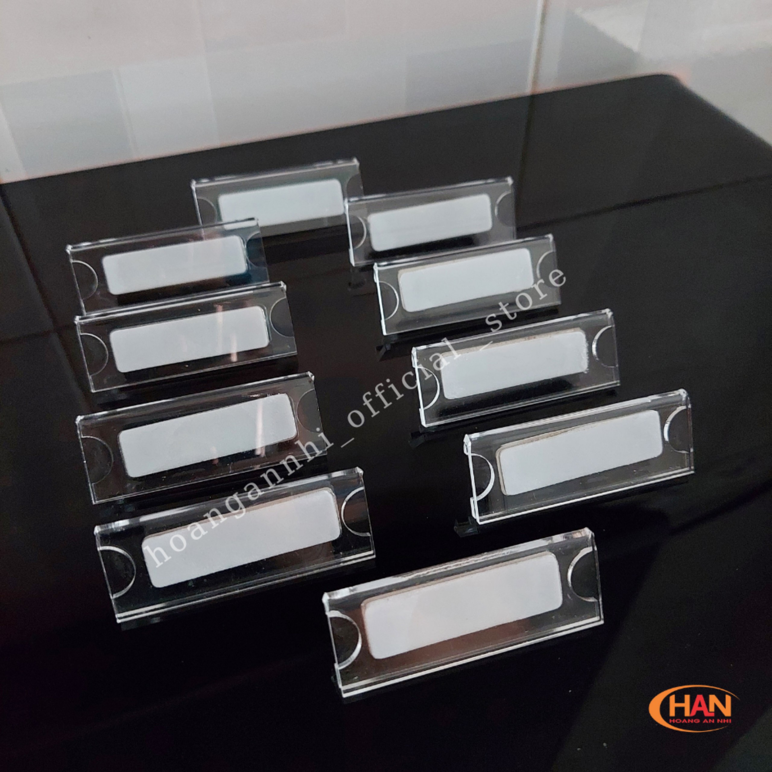 Combo 10 bảng tên nam châm 3 viên chắc chắn - Bảng tên cài áo bằng mica 70x25mm