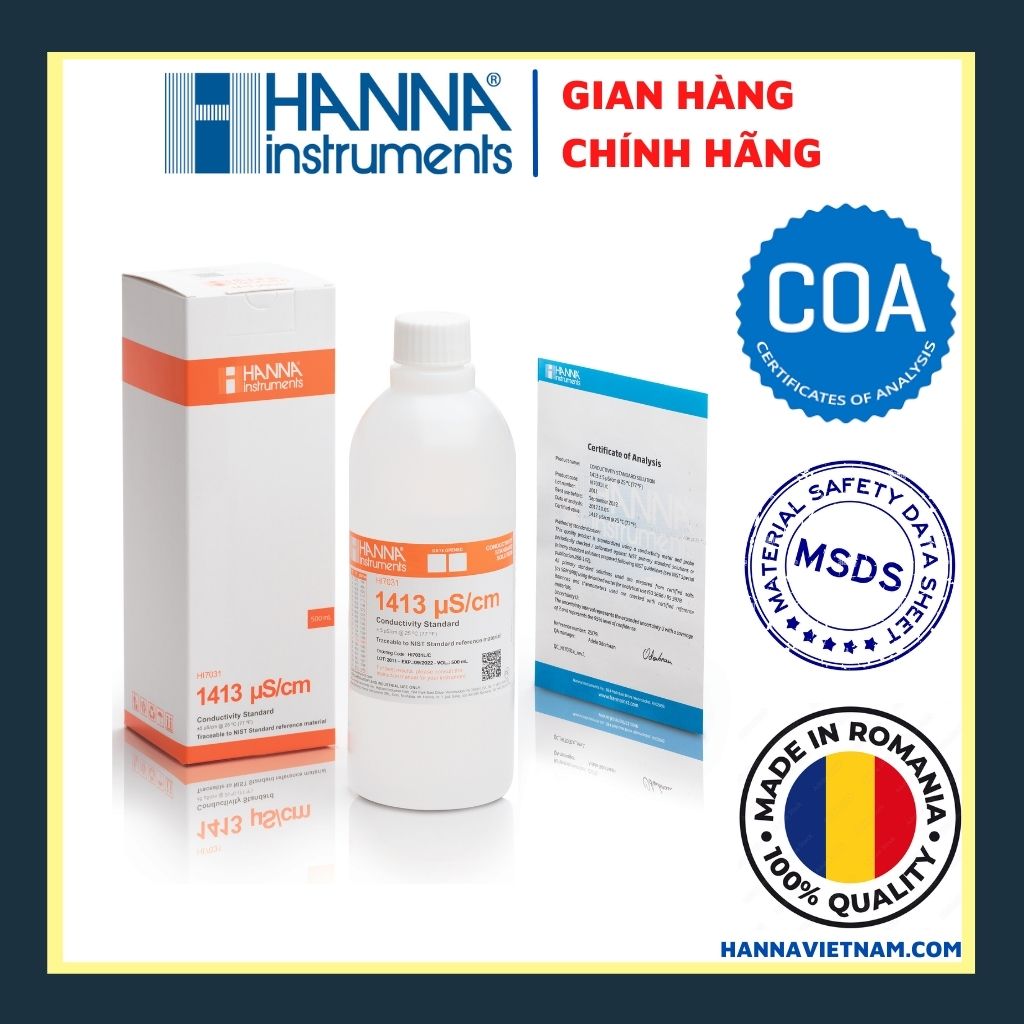 Dung dịch chuẩn độ dẫn 1413 µs/cm dùng để hiệu chuẩn hoặc kiểm tra độ chính xác của bất kỳ máy đo độ dẫn nào, chai 500ml hanna hi7031l - hàng chính hãng