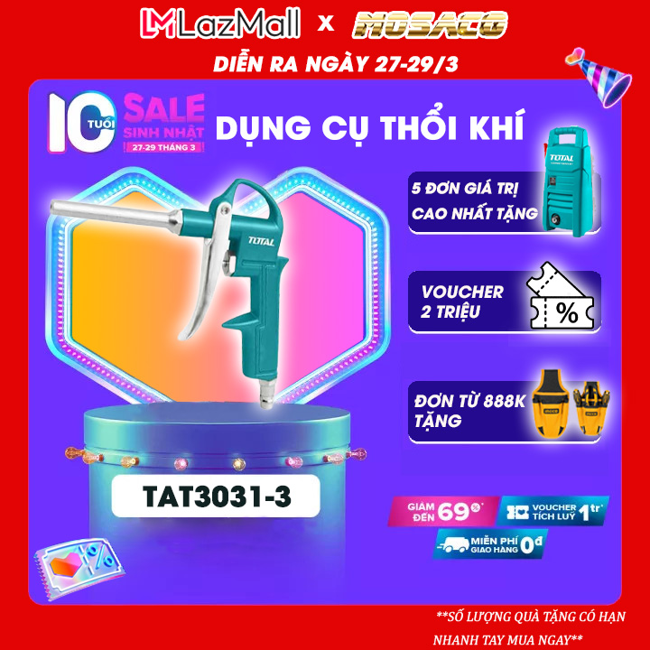 Dụng cụ Thổi Khí TOTAL TAT3031-3 chiều dài ống phun 16MM. Dụng cụ thổi khí nén đầu nối kiểu Nitto Đóng gói bằng thẻ trượt Thiết kế nhỏ gọn, tiện dụng, tay cầm chắc chắn - MOSACO