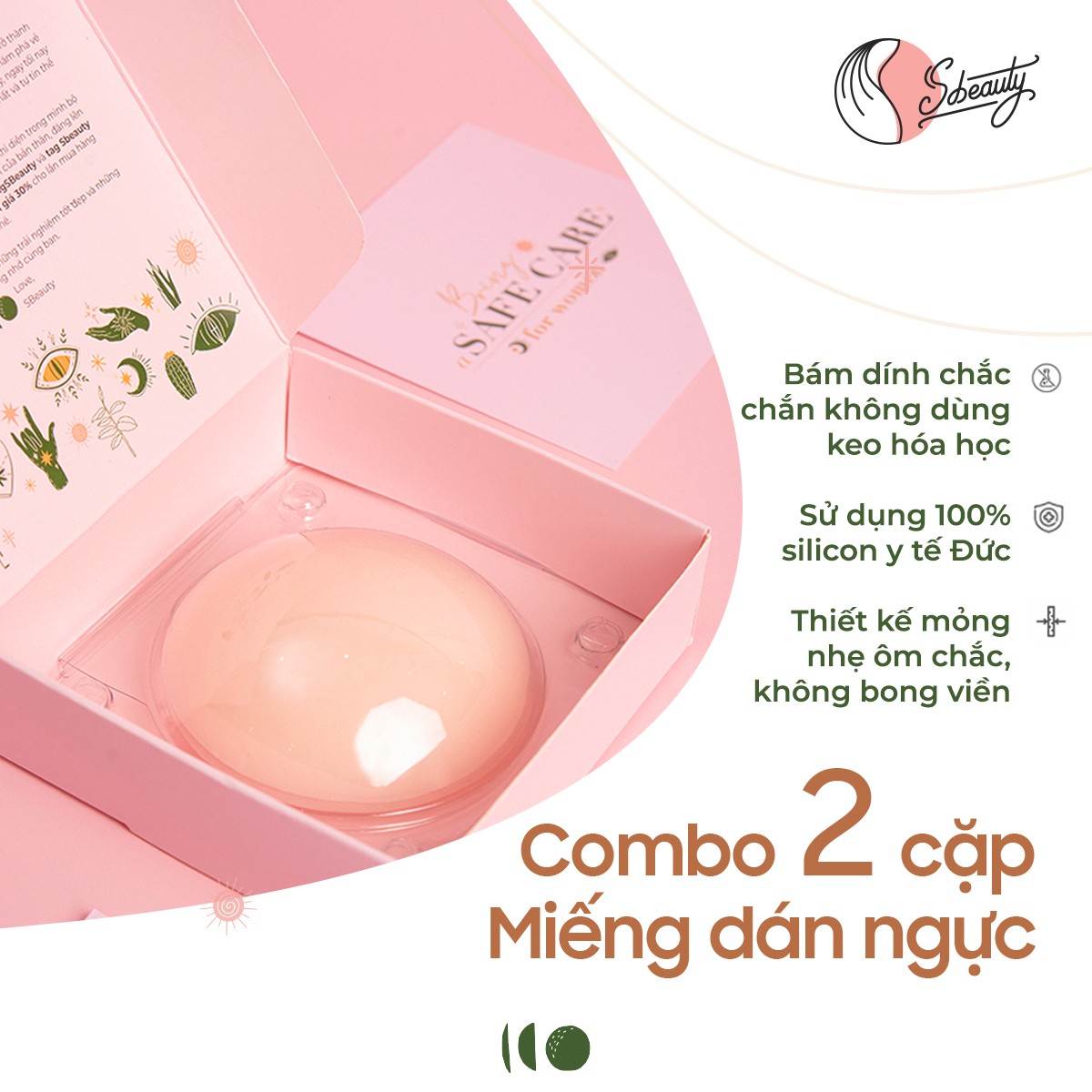 Combo 2 cặp Miếng dán ngực từ tính silicone y tế SBeauty Slim edge thoáng mát, nhẹ thật như da