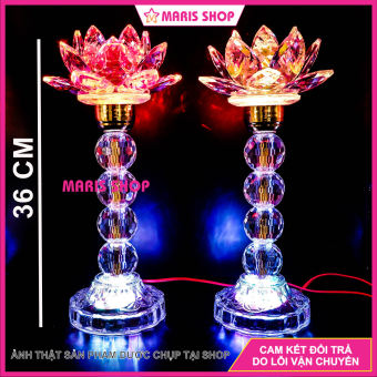 Bộ 2 Đèn Hoa Sen Pha Lê Nguyên Khối Để bàn Thờ Phật Đèn Hoa Sen Đèn Thờ Cúng Cao 28cm [MRHT29]