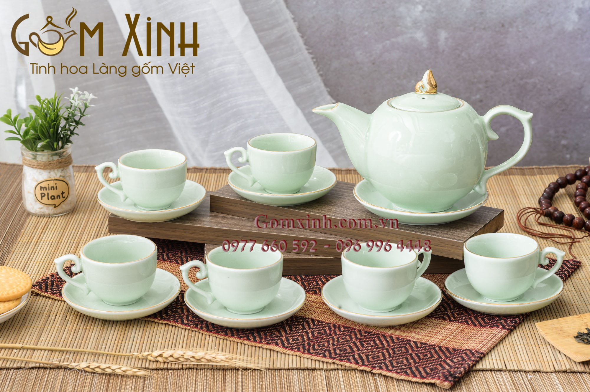 Bộ ấm chén Bát Tràng Chóp lửa men xanh ngọc vàng kim
