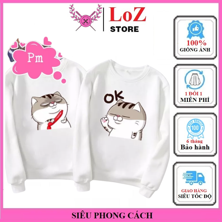 Áo đôi tay dài( 2 áo) in hai mèo béo áo đôi áo cặp