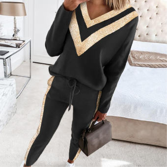 1 Bộ Quần Áo Chui Đầu Phổ Biến Bộ Đồ Thể Thao Cổ Chữ V Áo Nỉ Vá Hình Hạt Cườm Dáng Rộng Quần Nỉ Chạy Bộ