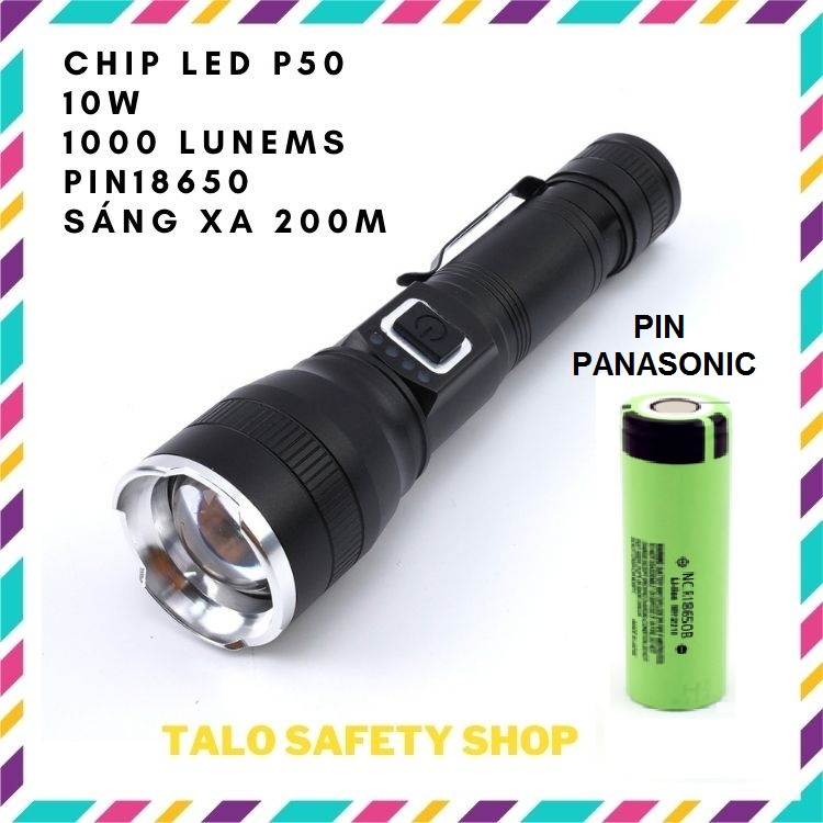 Đèn pin siêu sáng cầm tay mini chip led p50, pin 18650