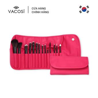 BC09 - Bộ cọ cá nhân 14 cây & bóp da hồng Vacosi Essential Brush Set 14 PCS