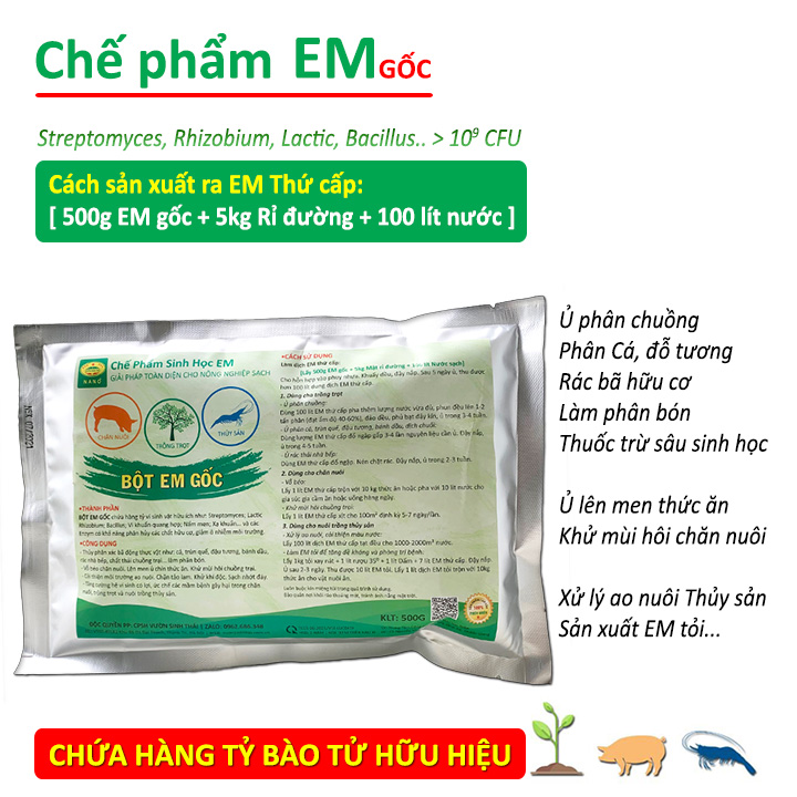 Gói 500g Chế phẩm EM gốc. Men vi sinh ủ phân rác bã hữu cơ làm Phân Bón. Xử lý mùi hôi Chăn Nuôi chuồng trại. Làm sạch ao hồ Cá, Tôm. HSD 2 năm