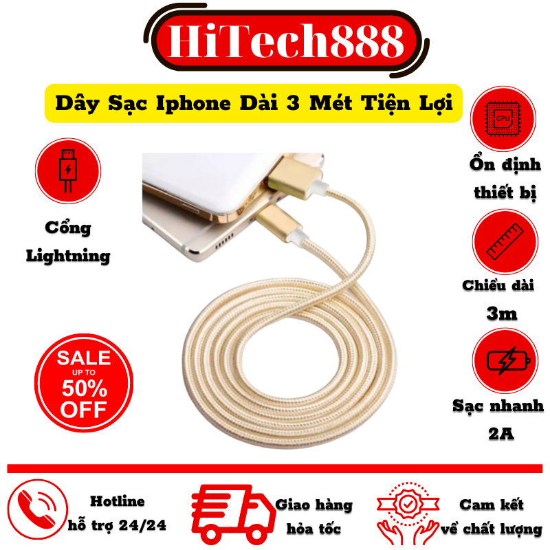 [3 Mét] Dây sạc iphone, Cáp Sạc iphone, Sạc nhanh iphone bọc dù chống đứt dài 3 mét hỗ trợ truyền tải dữ liệu