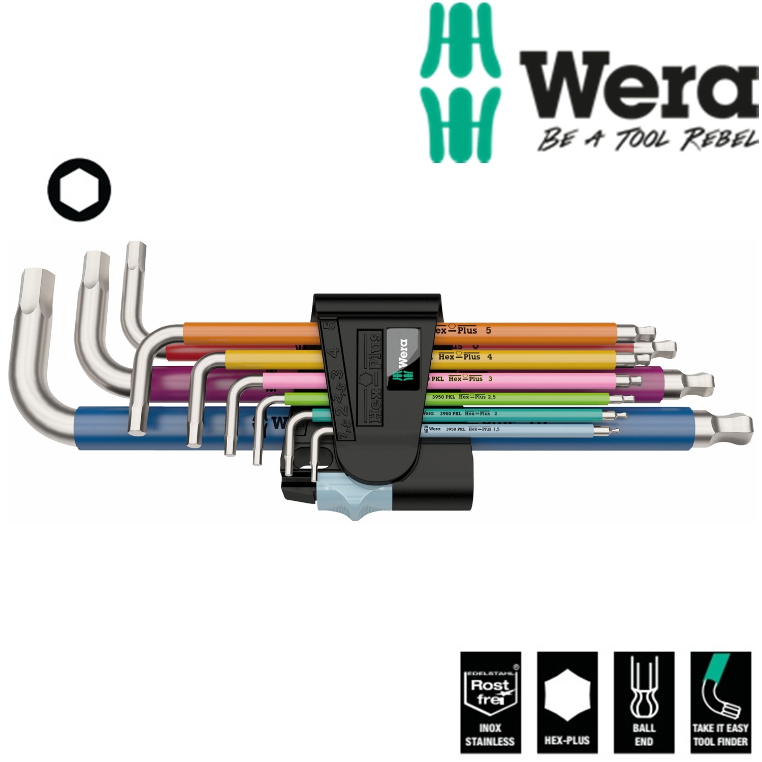 Bộ khóa lục giác Wera 05022669001 thép không gỉ nhiều màu sắc 3950/9 Hex-Plus Multicolour Stainless 1 L-key set metric stainless