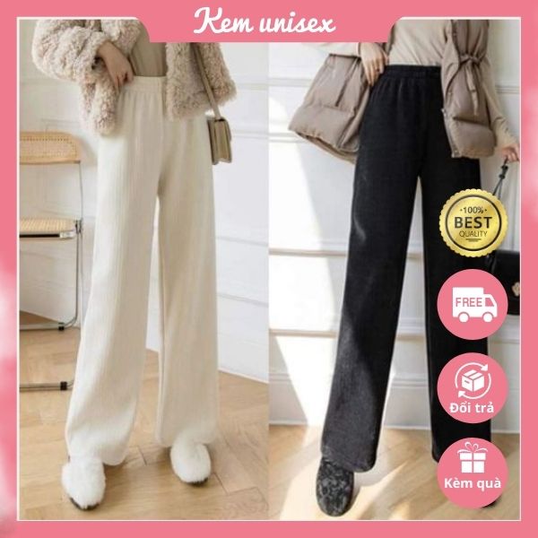 Quần ống rộng cạp cao chất nhung tăm Ulzzang , quần ống xuông nhung tăm hàn quốc - Kem unisex