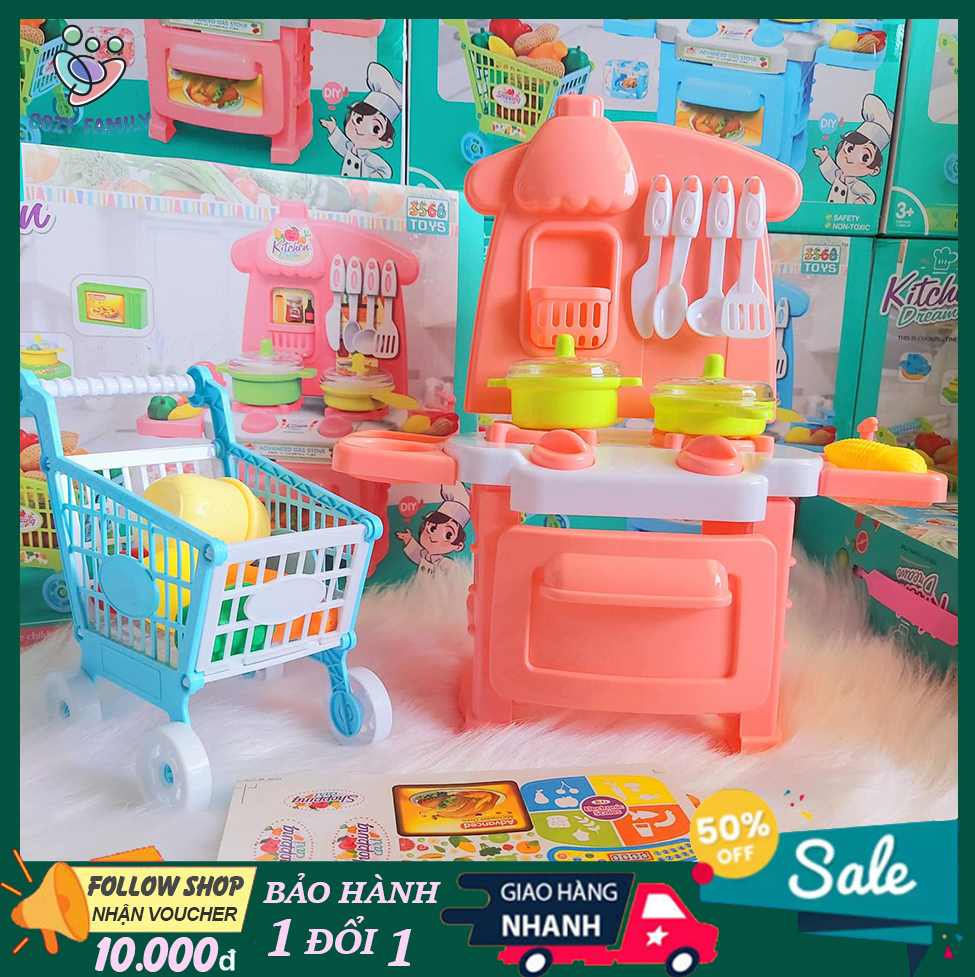 Bộ đồ chơi nấu ăn nhà bếp kèm xe đẩy Kitchen dream cho bé trai, bé gái từ 2 đến 6 tuổi gồm nhiều chi tiết bằng nhưa cao cấp an toàn cho bé