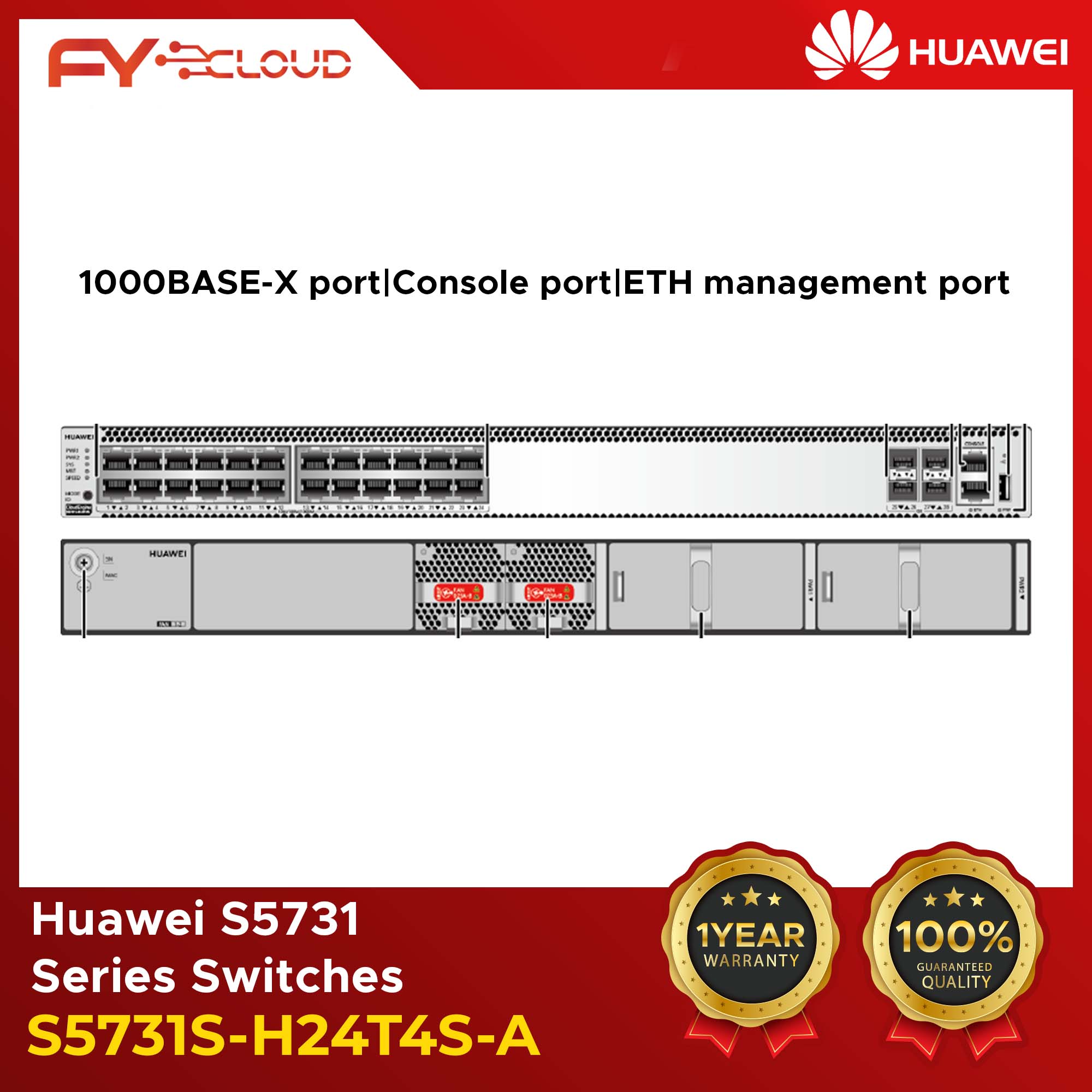 Huawei S5731 Series Switches / S5731S-H24T4S-A / 150W AC Power Supply / 24 × 10/100/1000BASE-T ports, 4 × GE SFP+, 1/ Memory (RAM) 4 GB/Downlink Ports/Uplink Ports Four 1000BASE-X ports/ Flash 1GB / 91 W / AC/DC power modules