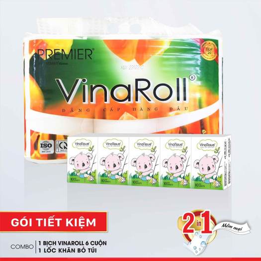 Combo giấy vệ sinh Premier Vinaroll không lõi và khăn giấy bỏ túi Vinatissue (Gói tiết kiệm)
