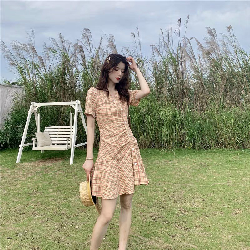 Đầm von lụa sọc caro tay ngắn siêu dễ thương hms gb24