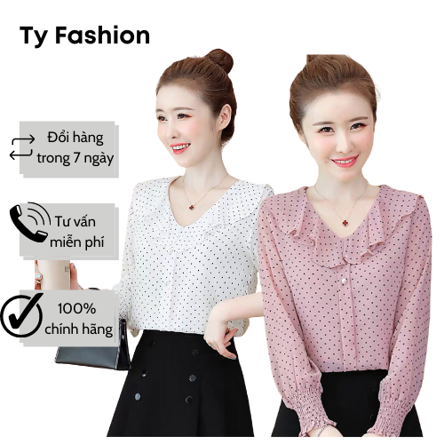 Áo sơ mi nữ áo nữ ty fashion áo kiểu áo chấm bi cổ tròn phối bèo