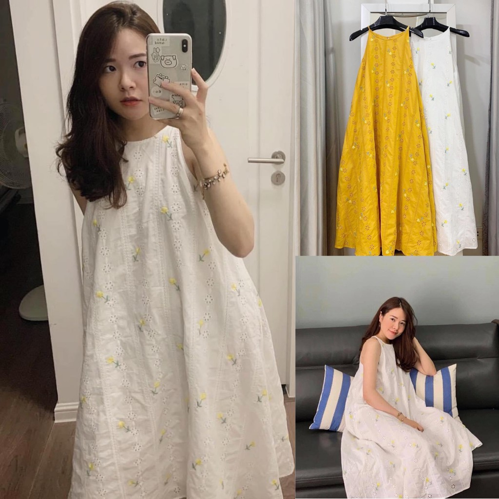 Đầm suông form rộng, Đầm yếm dáng maxi dài đi biển Cao Cấp vàng trắng thêu hoa nhí, sát nách cổ tròn - MiNhi Dress
