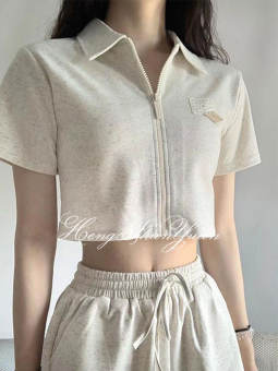 Hengshanyuan Áo thun ngắn tay có khóa kéo ngắn cổ áo polo Bộ đồ quần short ngắn tay bộ đồ hai món phong cách Nhật Bản