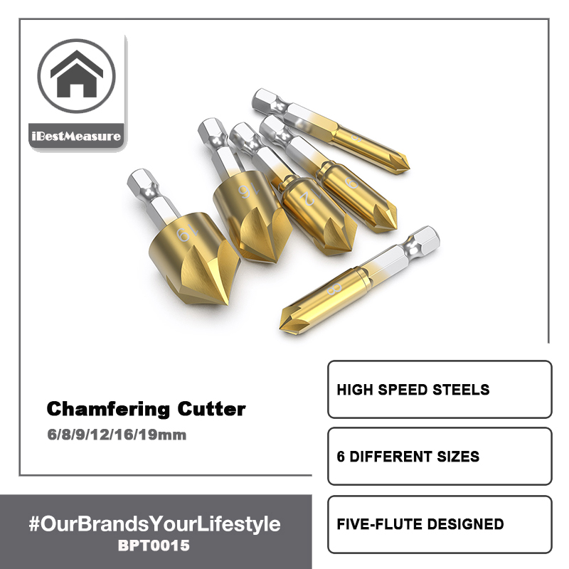 iBestMeasure 6 cái 5 cái đục lỗ bộ đếm mũi khoan Bộ 1/4 '' Hex Shank thép tốc độ cao 5 bộ đếm ống sáo 90 độ Máy cắt vát mép gỗ 6mm-19mm
