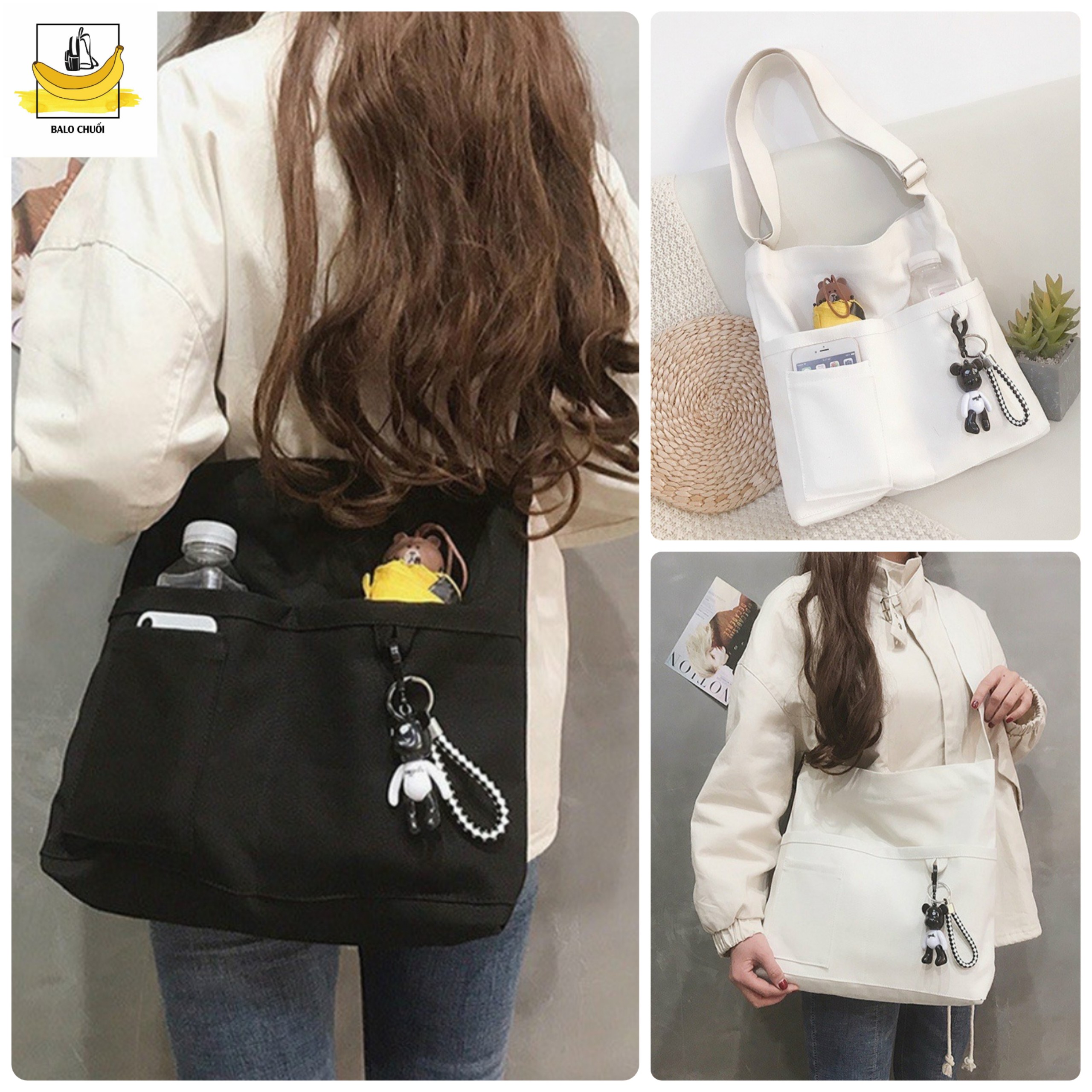 Túi tote đeo chéo 4 ngăn vải canvas đi học đi chơi phong cách ulzzang unisex