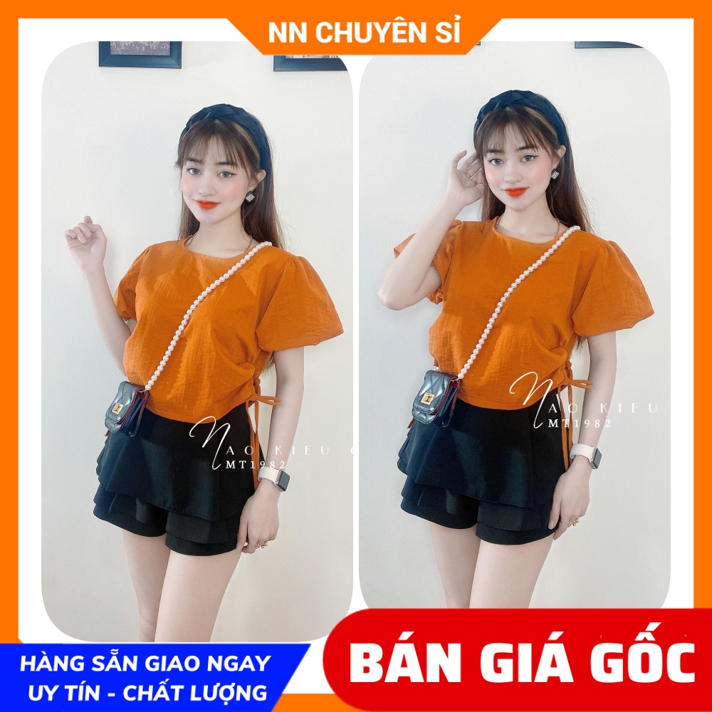 Áo kiểu nữ dáng croptop cổ tròn tay ngắn phồng rút 2 bên thân áo siêu dễ thương  - chất vải mềm mịn cao cấp 🛑 Áo công sở nữ 🛑 Áo kiểu chất đẹp ❤ Áo rút eo 🛑 Áo cổ phối nơ ❤ Áo croptop tay phồng  MT1982