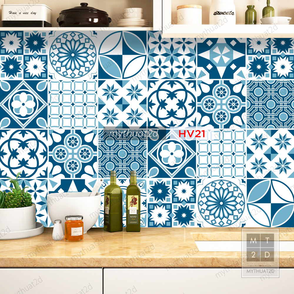 Set 36 ô 20cm Decal gạch bông trang trí dán bếp dán tường - HV21