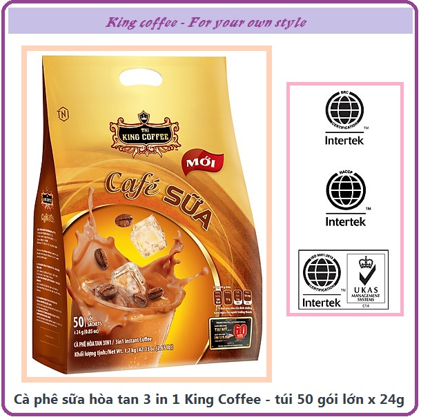 CHỈ 210.000 Đ/TÚI = 50 GÓI LỚN X 24G/GÓI CÀ PHÊ SỮA HÒA TAN 3 IN 1 KING COFFEE - Sự hòa quyện cân bằng của café đen đậm cùng loại sữa đặc truyền thống, mang lại mùi vị nguyên bản & đặc trưng của CÀ PHÊ SỮA ĐÁ VIỆT NAM