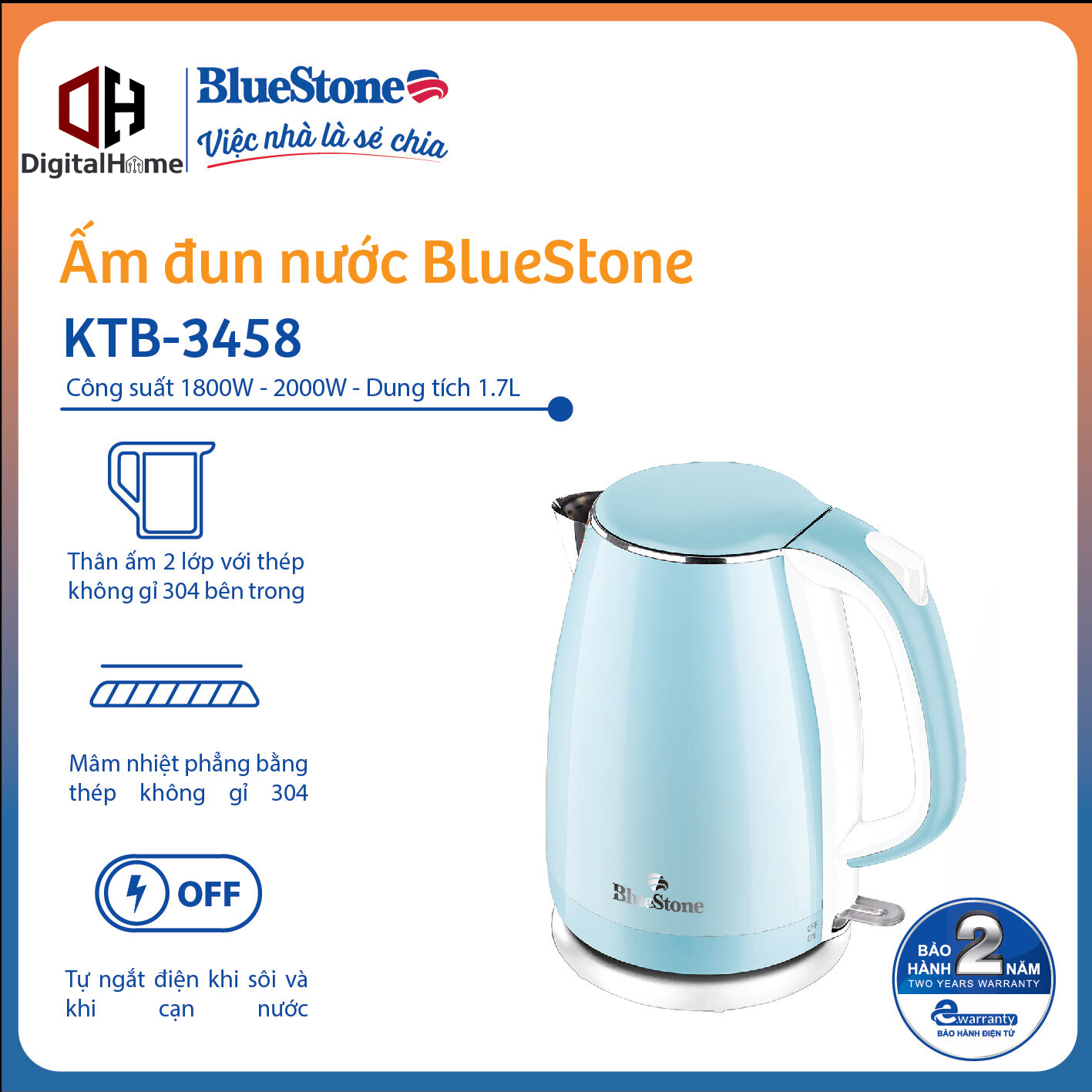 Ấm đun nước bluestone ktb-3458, dung tích 1,7lit, công suất 2000w