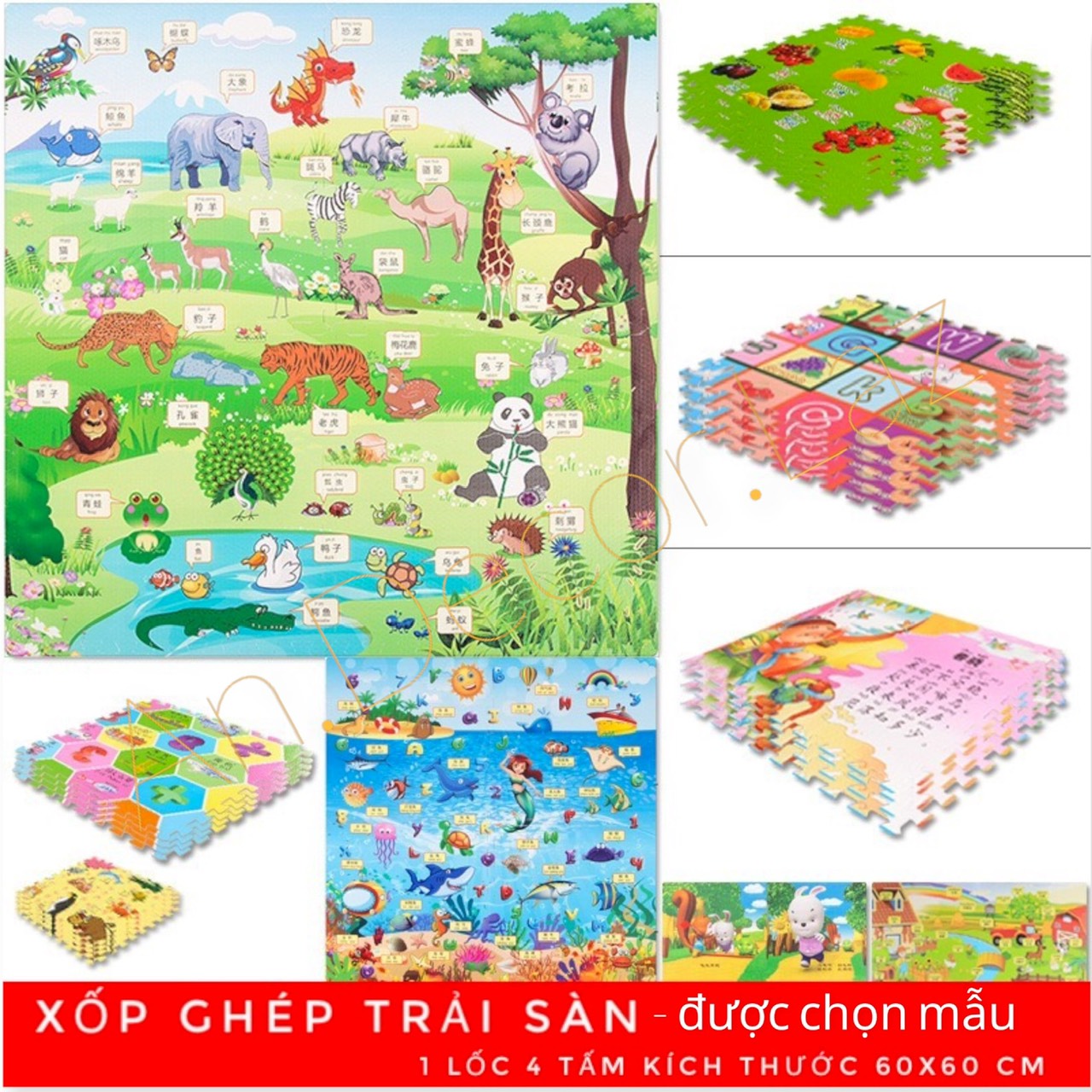 Xốp ghép trải sàn kích thước 60x60 cm, lốc 4 tấm kèm viền