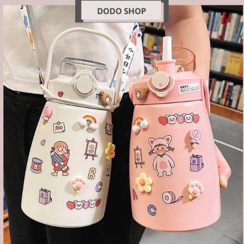Bình nước giữ nhiệt 1000ml dán sticker- Bình nước cute có ống hút