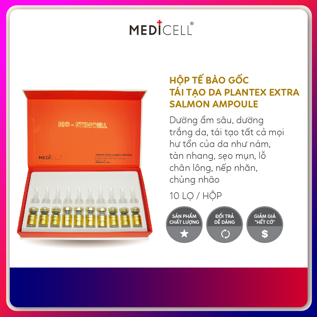 Tế bào gốc cá hồi làm trắng da Plantex Extra Salmon Medicell, dưỡng ẩm cấp nước, dưỡng trắng mờ thâm sạm, tái tạo da sau lăn kim, da mụn nám tàn nhang - Hộp 10 lọ