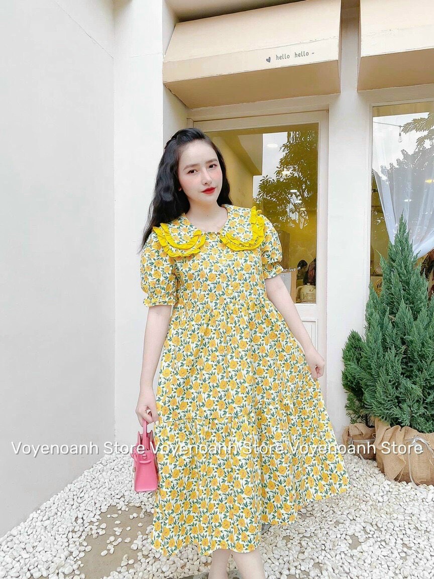 Váy hoa nhí cổ bèo tầng dáng dài đầm hoa xuân hè xinh xắn hà thương faschion
