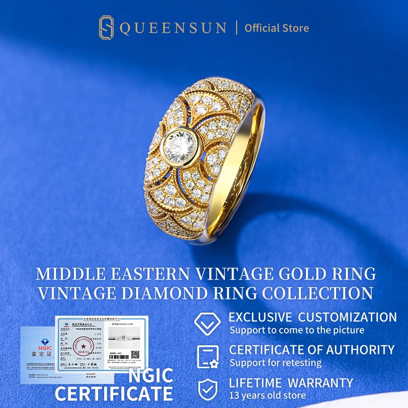 Queensun 18K Gold Vintage gold ring with bead edge and main stone 20 points DE VS lab diamond ring复古金戒钻石戒指/Accessories/Retro Diamond Ring/ins/Hollow/Korea ring/designer ring/custom ring/ring for women
