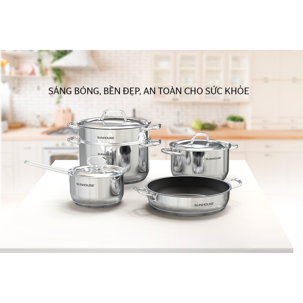 Bộ nồi 5 món 5 ĐÁY SUNHOUSE SHG995 gồm 2 nồi, 1 quánh, 1 xửng