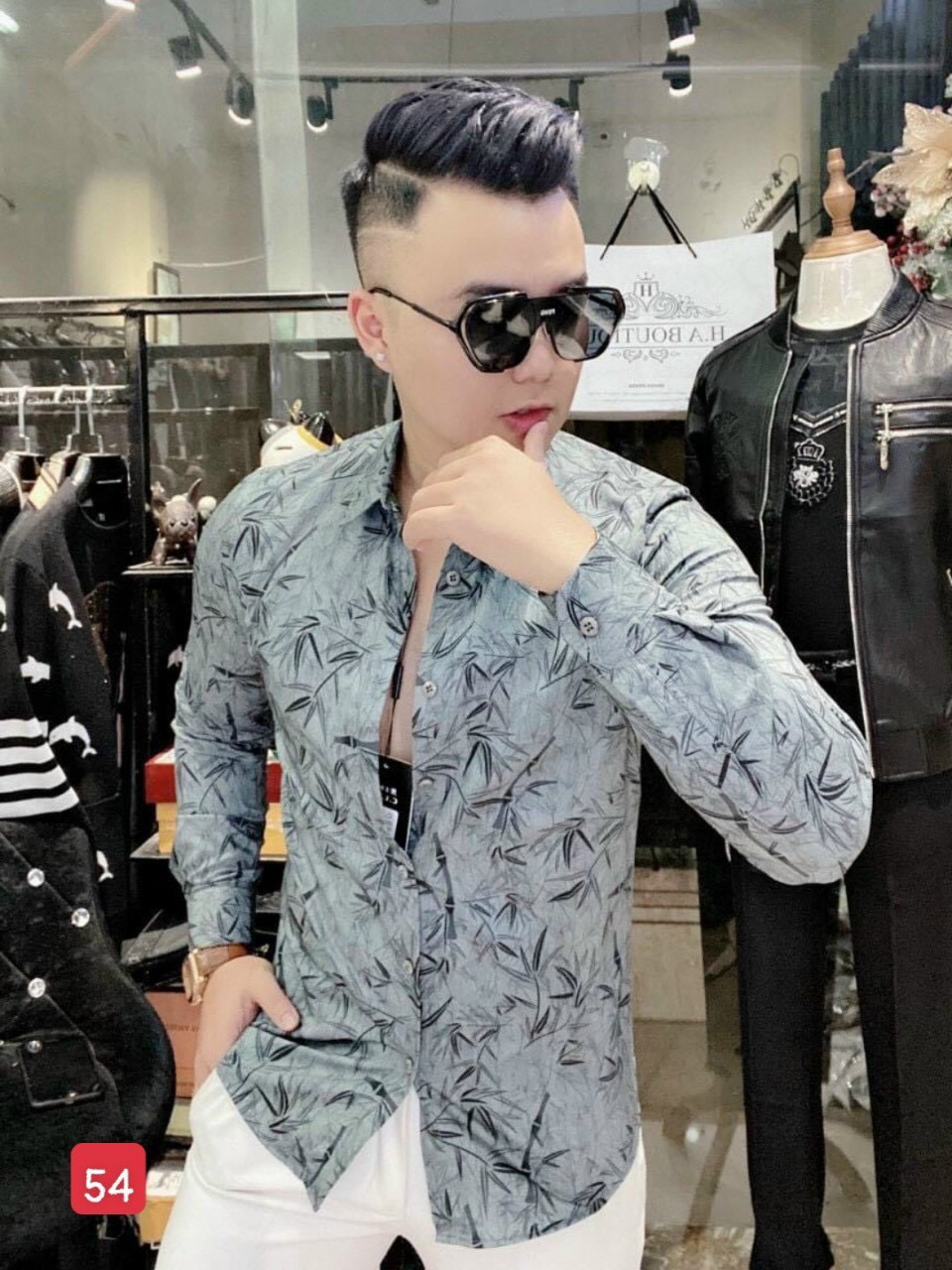 Áo sơ mi nam, áo sơ mi chất lụa tay dài họa tiết lá tre thời trang hpstore smlq06