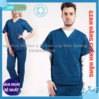 Bộ Scrubs Bác Sĩ, Bộ Đồ Cổ Tim Spa Xanh Sẫm Hàng Cao Cấp