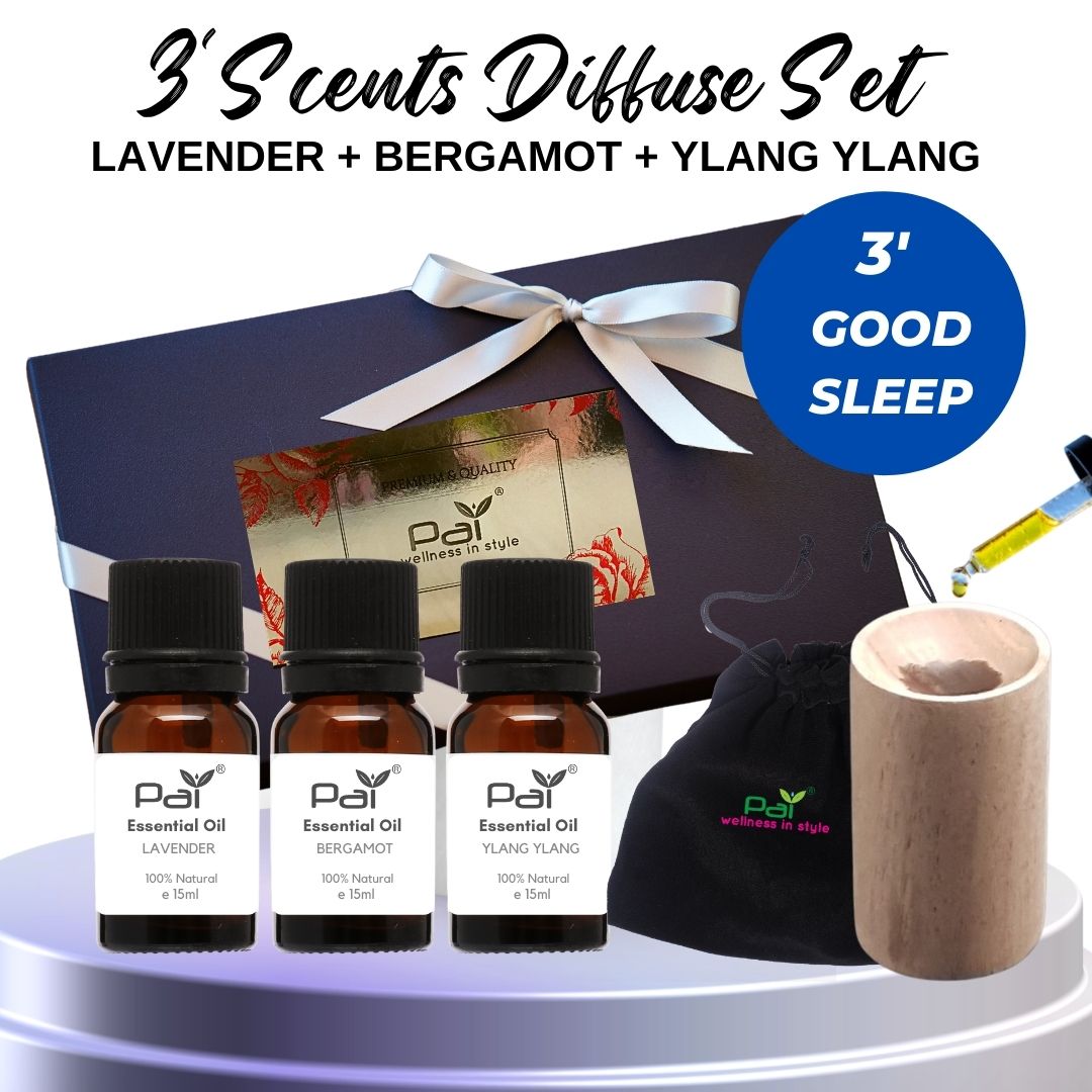 Gambar PAI Essential Oil Wood Diffuser Set   3 Scent Diffuser Set   Best Aromatherapy Gift Set    Lavender Oil, Fruity Oil, Rose Geranium Oil   Peppermint Oil, Bergamot Oil, Sandalwood Essential Oil with Cypress Wood Diffuser