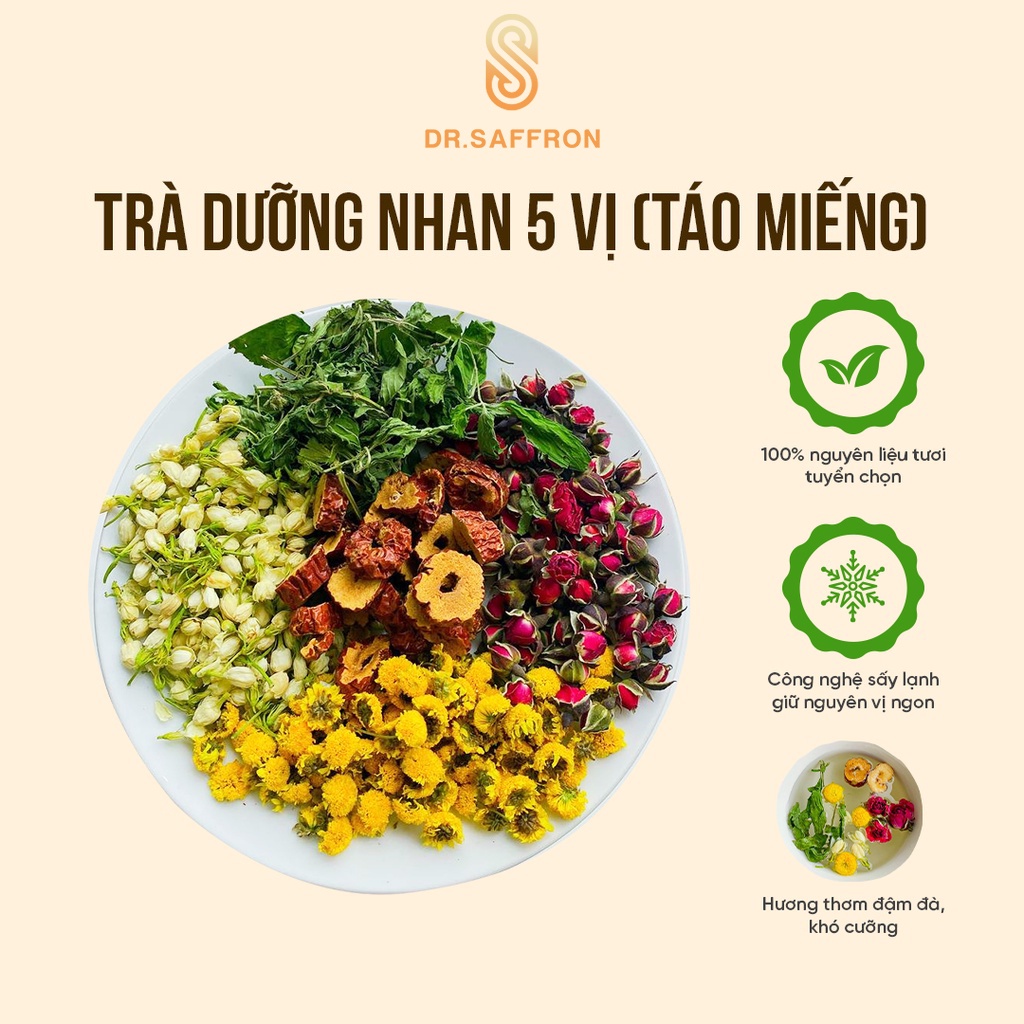 Trà Dưỡng Nhan 5 Vị Saffron Việt Nam (Hoa Cúc, Hoa Hồng,Táo Đỏ, Cỏ ngọt, Hoa Nhài) Gói 10gr