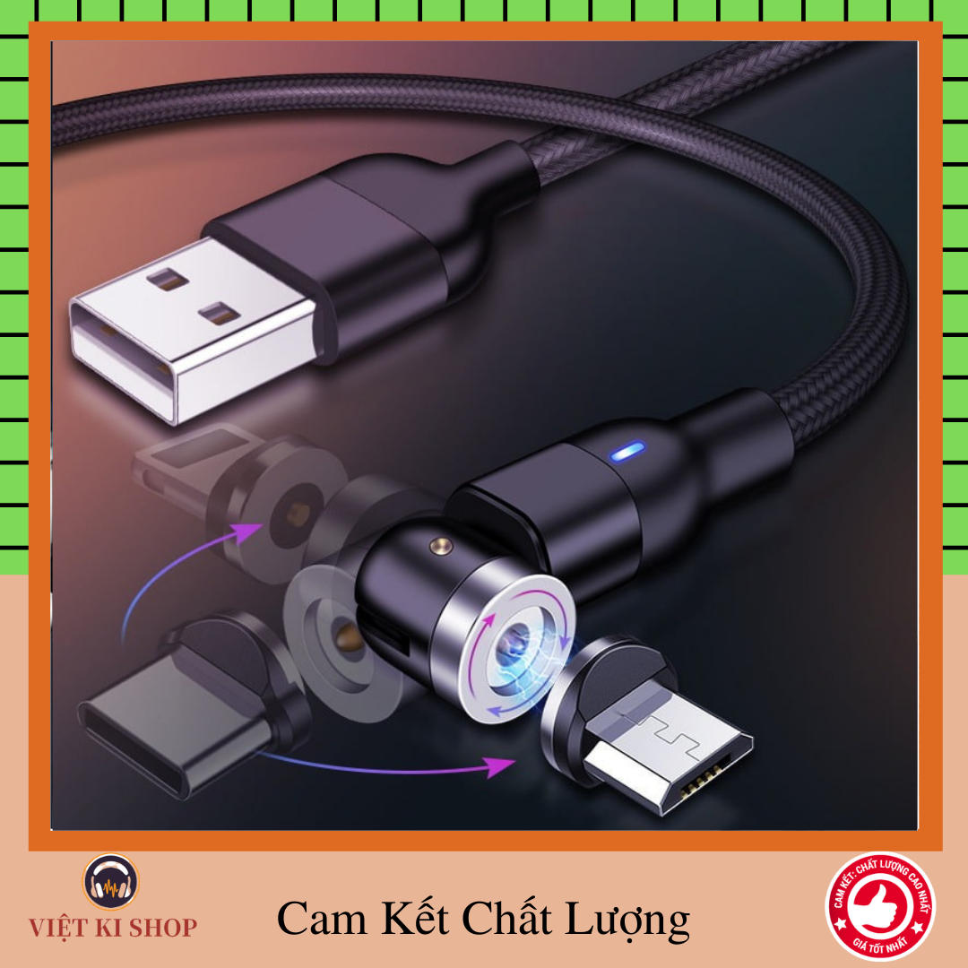 Cáp sạc nam châm từ tính đầu xoay 360 độ/Cáp Sạc Nam Châm Cho iPhone Samsung Xiaomi Game 90 Độ