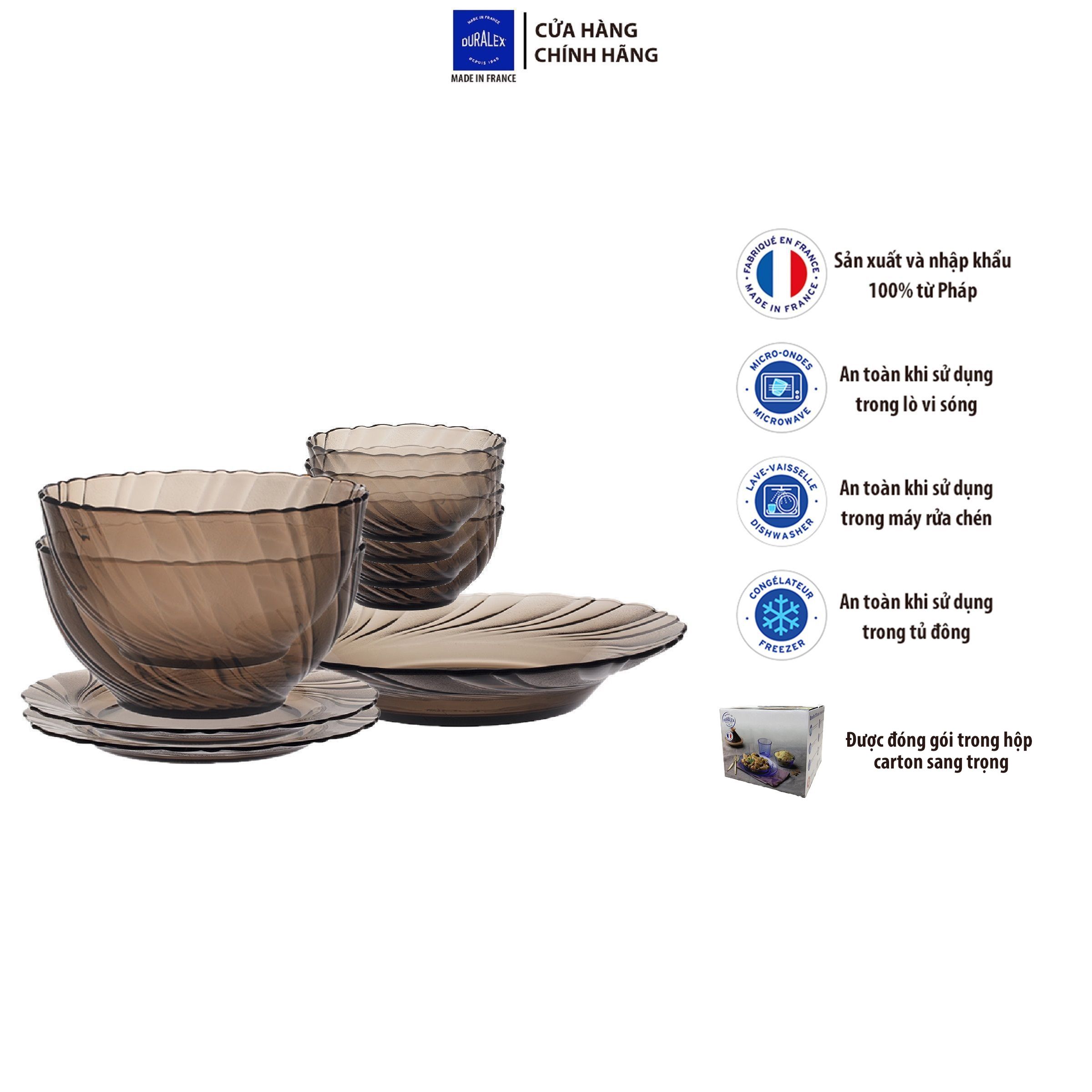 Bộ bàn ăn 9 món D7009BC Duralex - Beau Rivage Nâu Khói Creole Thủy tinh cường lực cao cấp Pháp