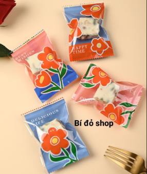 Set 100 Túi bánh QUY Túi bánh qui bánh cookies, cookie túi hạnh nhân túi bánh hành HOA XUÂN Happy Time 7*10cm - Bí đỏ shop Bao bì nguyên liệu dụng cụ làm bánh