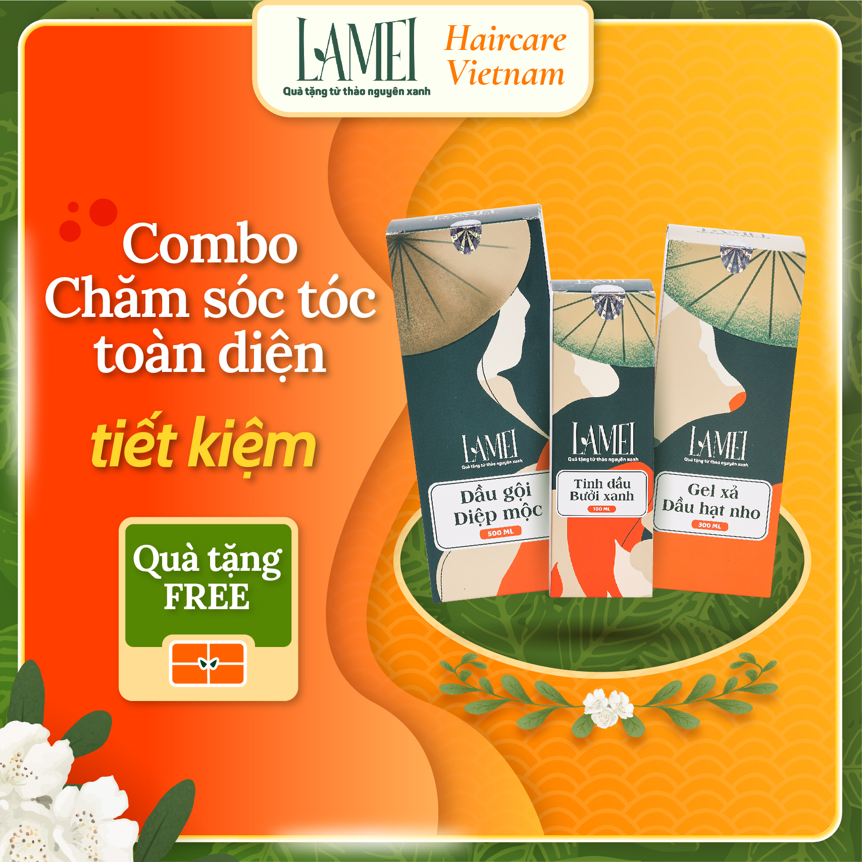 Combo Ngăn Rụng Tóc, Dầu Gội Diệp Mộc , Gel Xả Dầu Hạt Nho, Tinh Dầu Bưởi Xanh, Dưỡng Tóc Toàn Diện, Hết Gàu Ngứa, Lamei