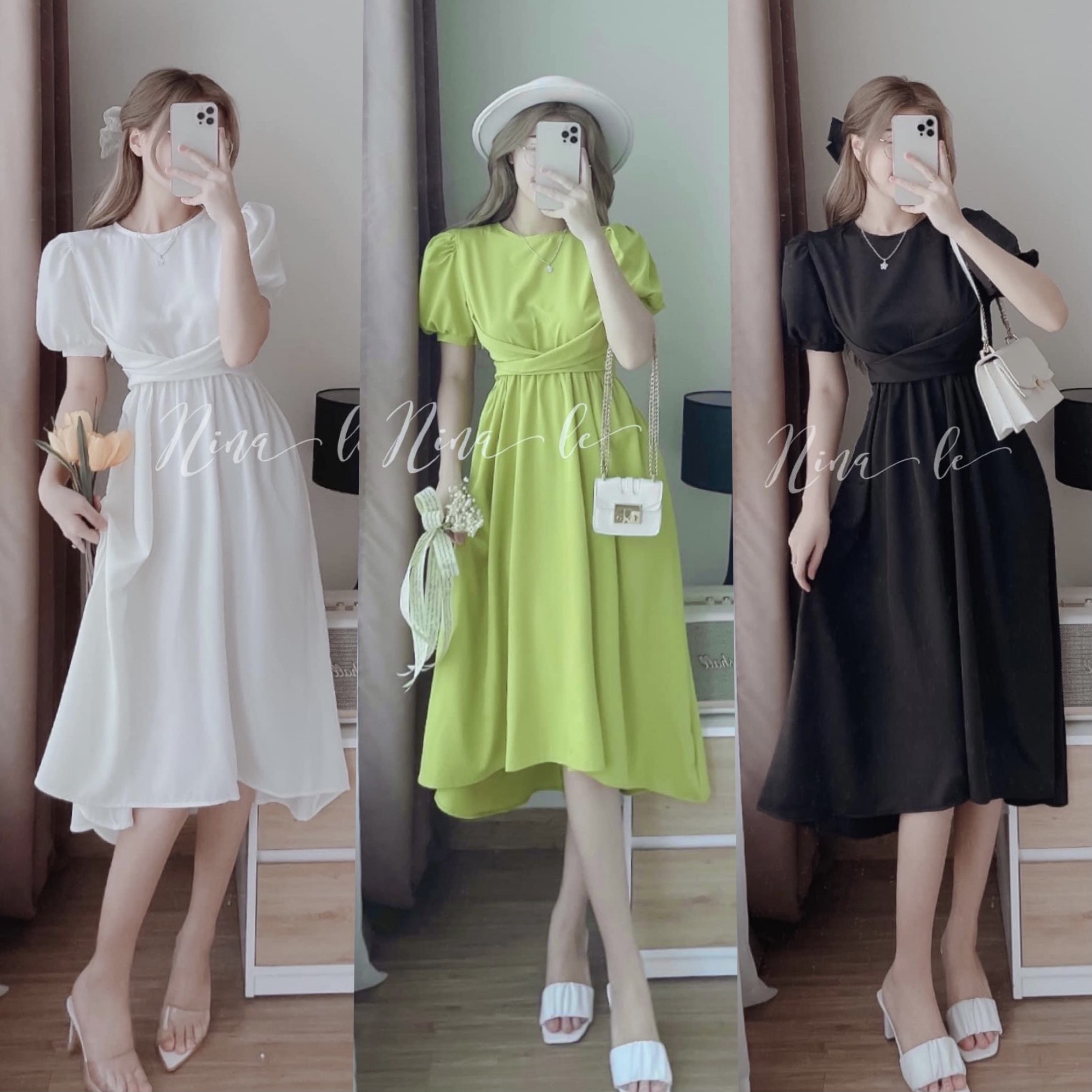 Đầm nữ tay phồng xoè tiểu thư nhúng eo