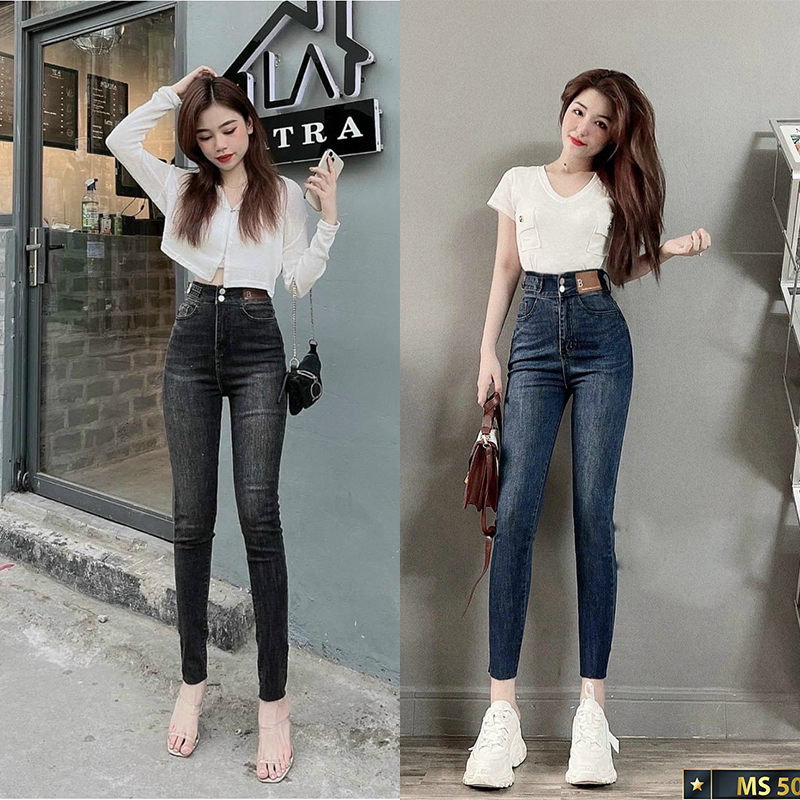 Quần jean nữ lưng cao màu xám đen trơn 2 nút chất jean co giãn cao cấp thời trang JENNY - TCSQJNJN609
