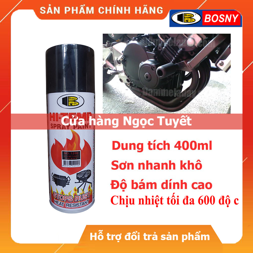 Sơn xịt chịu nhiệt đen mờ, nhám & màu bạc & đen bóng Hi-Temp, Sơn bếp ga, sơn pô xe, sơn nhiệt độ cao Bosny